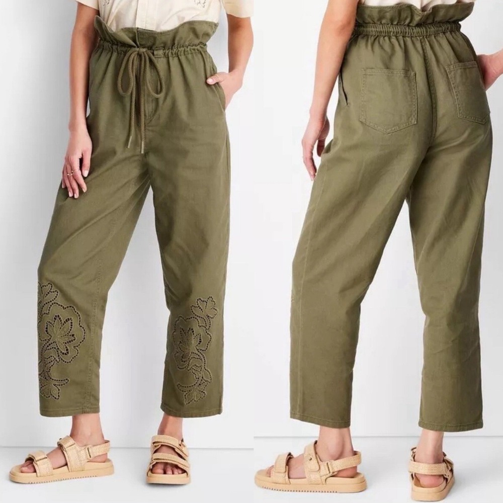 NWT Future Collective Eyelet Ankle Paperbag Pants 10 Olive Green Jenny Boho